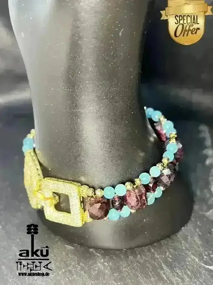 Mosambik, A+, Granat und Amazonit, Glücks - Edelstein - Armband, Natursteine Steine, Reiki Wurzel und Hals - Chakren, Meditationsenergie, vergoldet - AkueShop