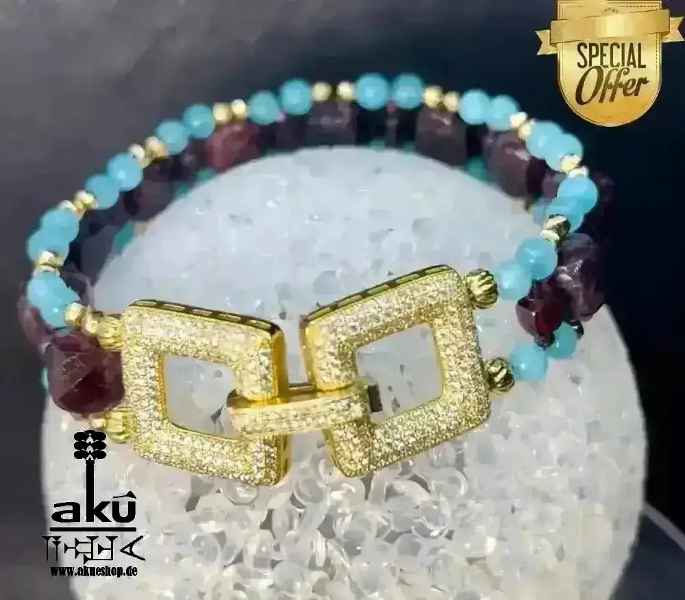 Mosambik, A+, Granat und Amazonit, Glücks - Edelstein - Armband, Natursteine Steine, Reiki Wurzel und Hals - Chakren, Meditationsenergie, vergoldet - AkueShop