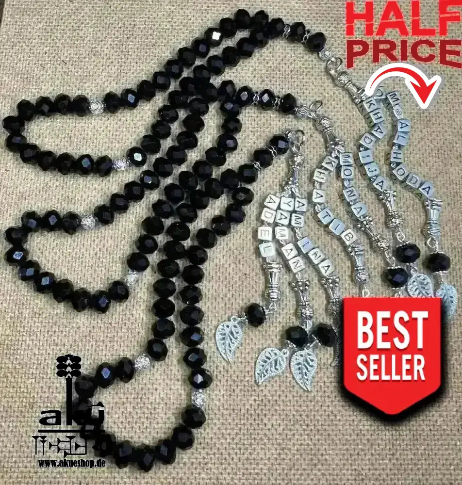 Namen Tesbih 33, schwarze Kristalle Perlen, islamisches Misbaha - AkueShop