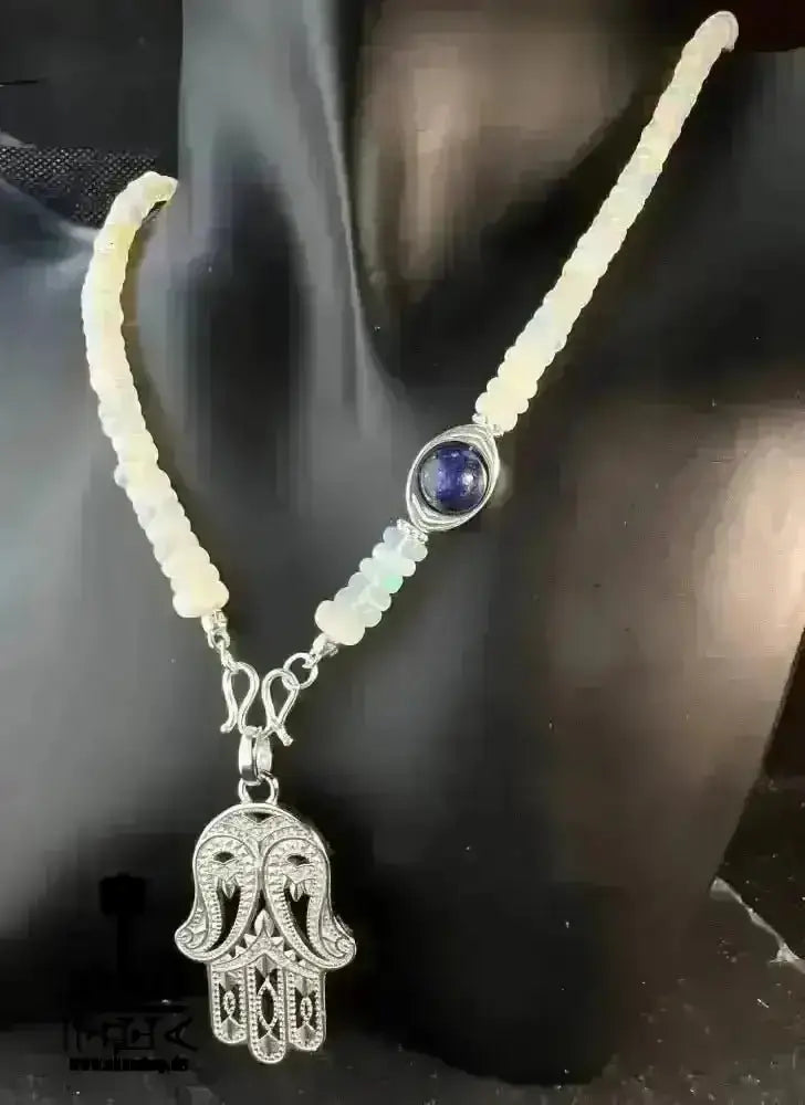 Natürliche weiße OPAL Lavalier Halskette, Hamsa Fatima böser Blickschutz, Lapislazuli Chakra - AkueShop