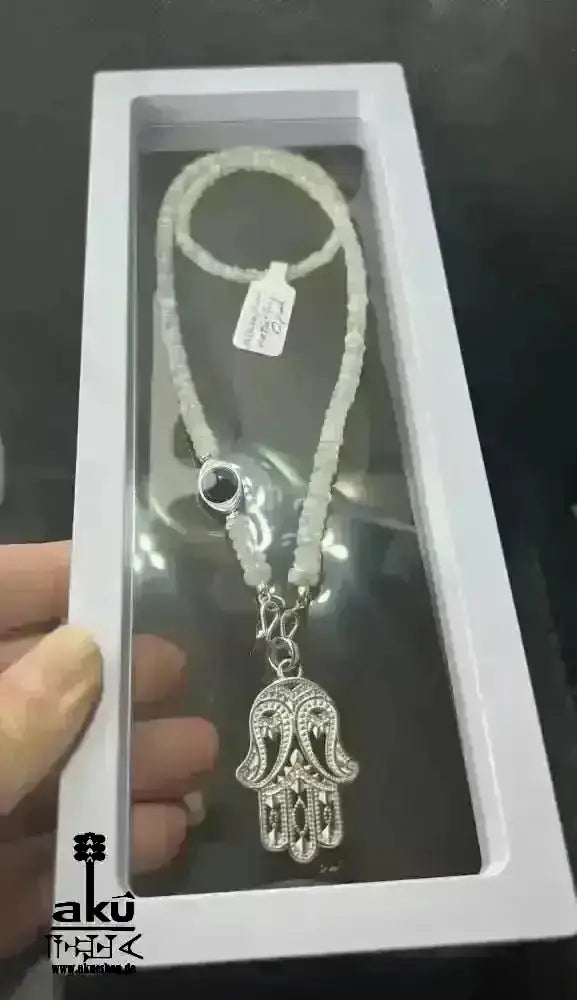 Natürliche weiße OPAL Lavalier Halskette, Hamsa Fatima böser Blickschutz, Lapislazuli Chakra - AkueShop
