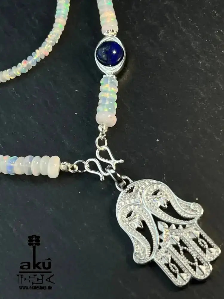 Natürliche weiße OPAL Lavalier Halskette, Hamsa Fatima böser Blickschutz, Lapislazuli Chakra - AkueShop
