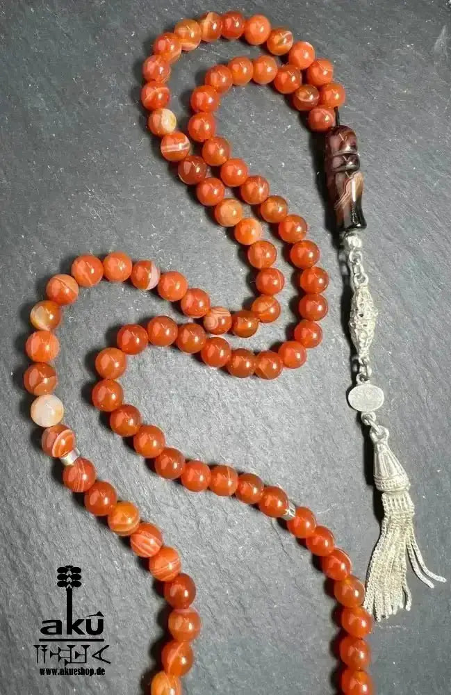 Natürlicher Achat Tesbih 99 islamisches misbaha, Aqik Akik, 925 Sterling Silbere Quaste - AkueShop