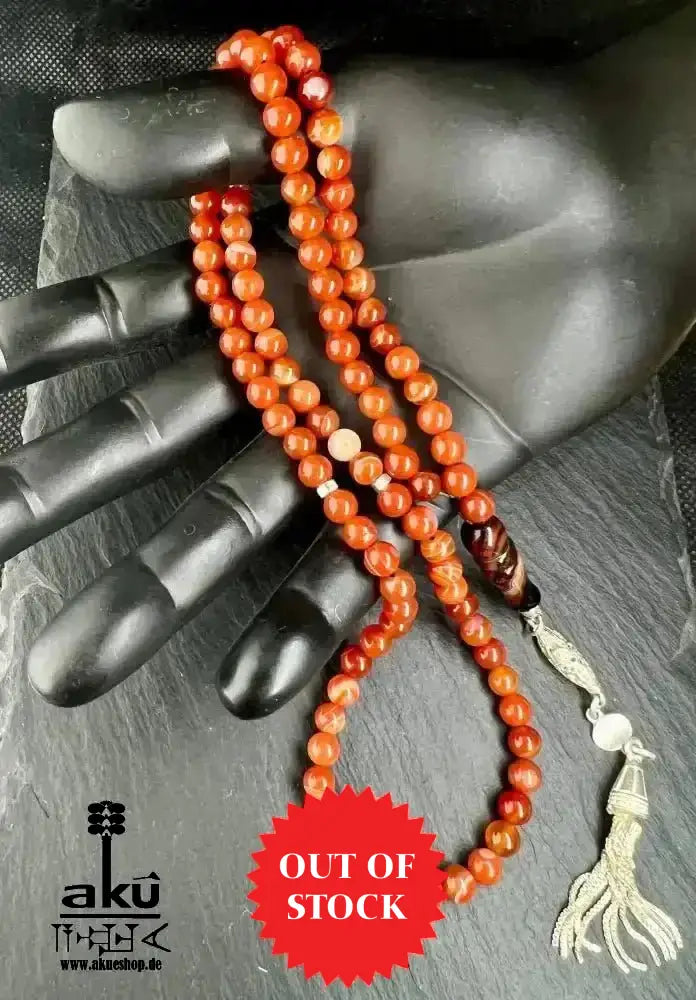 Natürlicher Achat Tesbih 99 islamisches misbaha, Aqik Akik, 925 Sterling Silbere Quaste - AkueShop