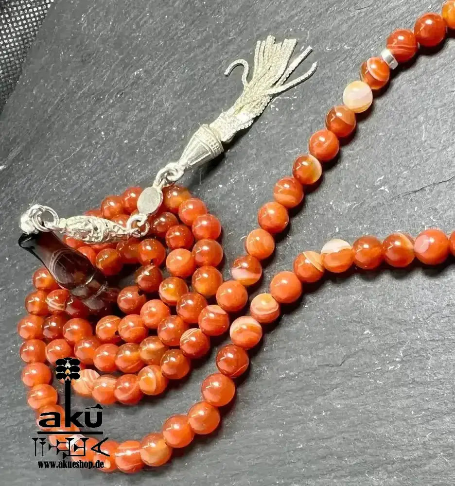 Natürlicher Achat Tesbih 99 islamisches misbaha, Aqik Akik, 925 Sterling Silbere Quaste - AkueShop