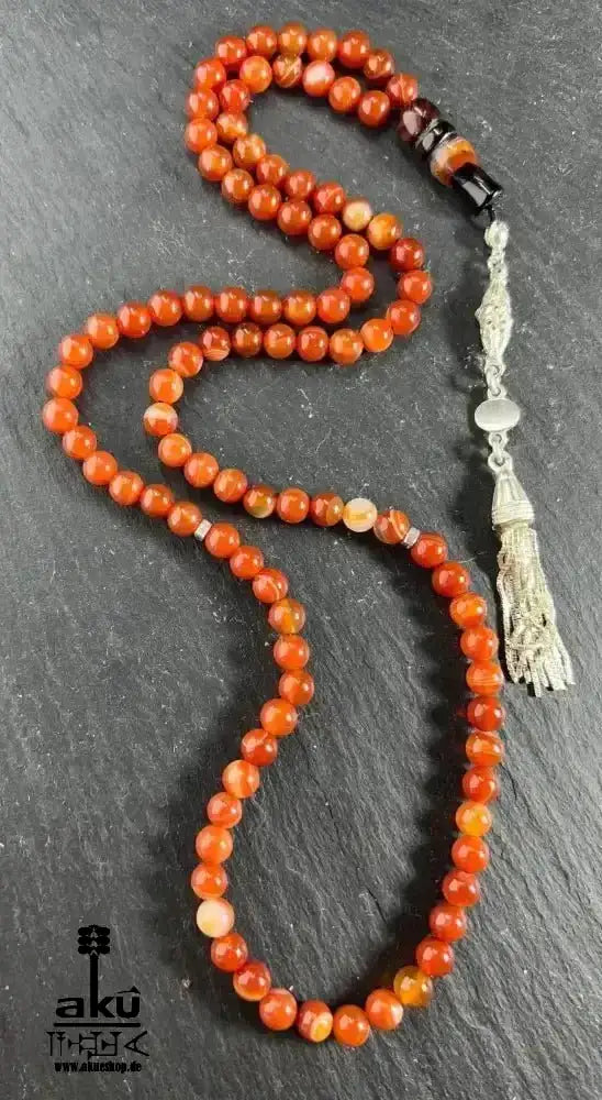 Natürlicher Achat Tesbih 99 islamisches misbaha, Aqik Akik, 925 Sterling Silbere Quaste - AkueShop