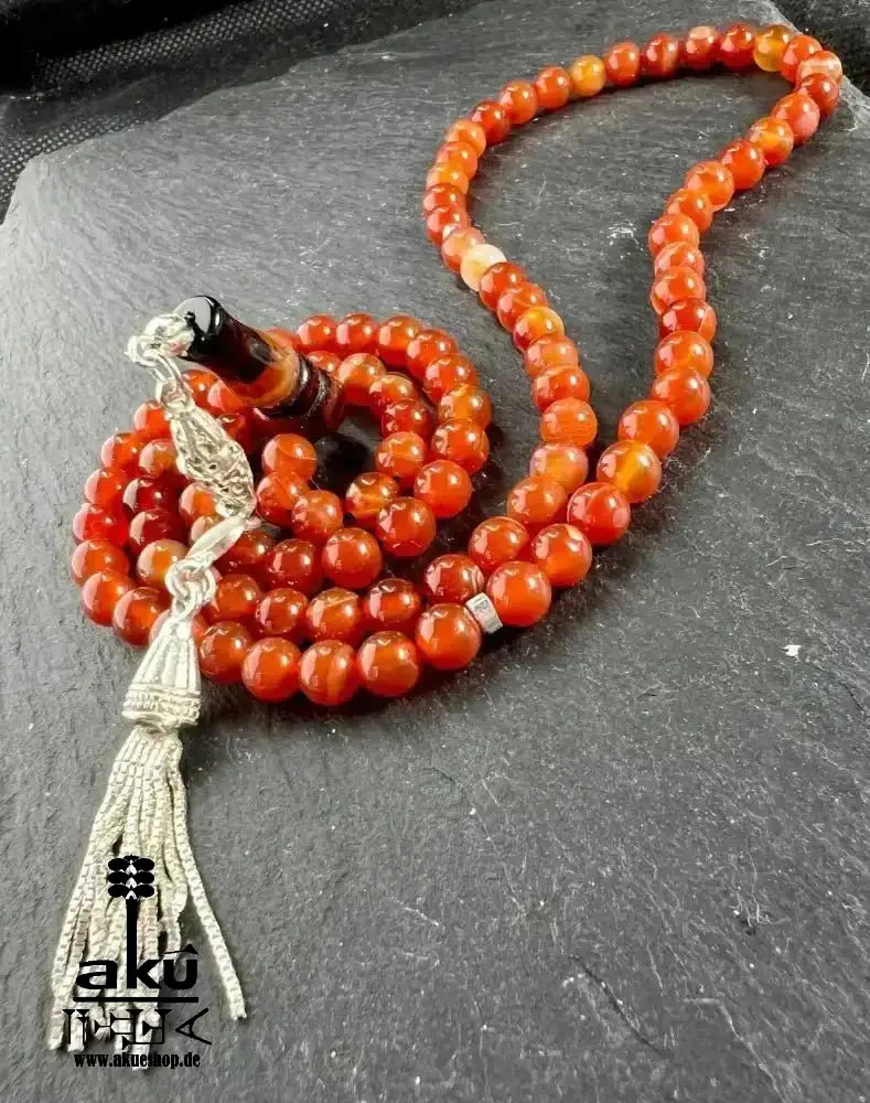Natürlicher Achat Tesbih 99 islamisches misbaha, Aqik Akik, 925 Sterling Silbere Quaste - AkueShop