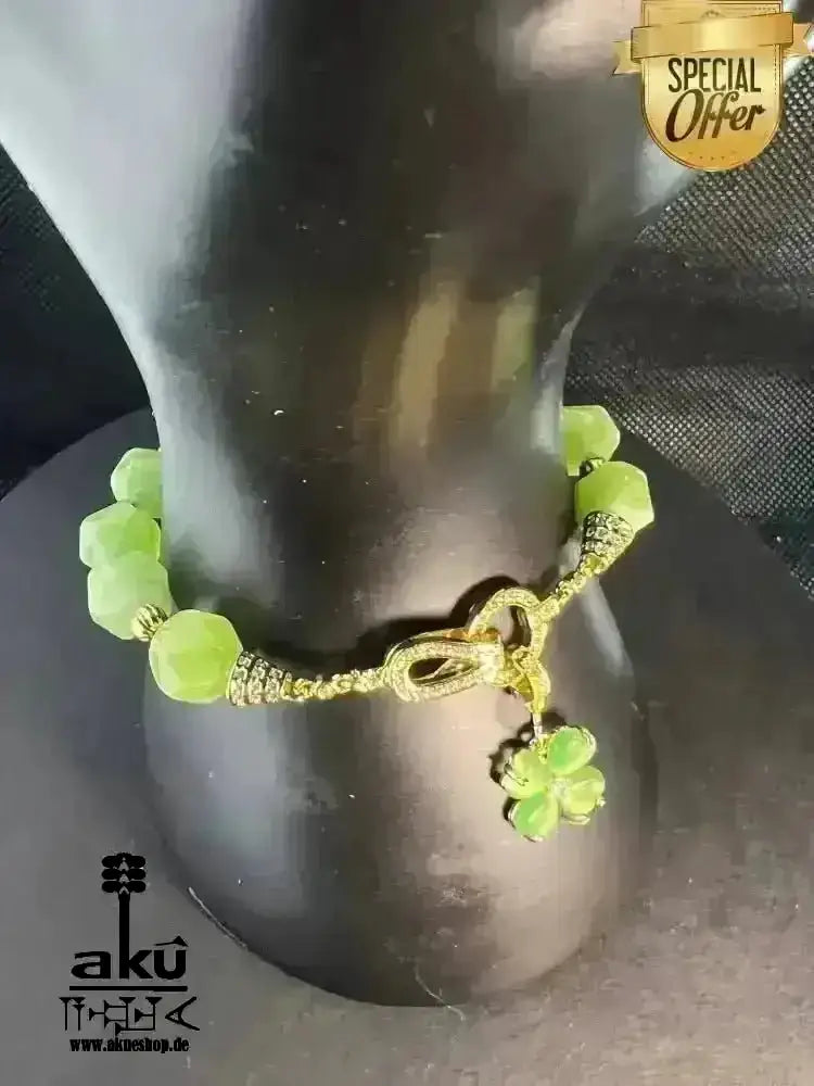 Natürlicher Peridot - Edelstein vergoldetes Armband, Handgefertigtes, Kleeblatt - Glück, Herzchakra positive Energie - AkueShop