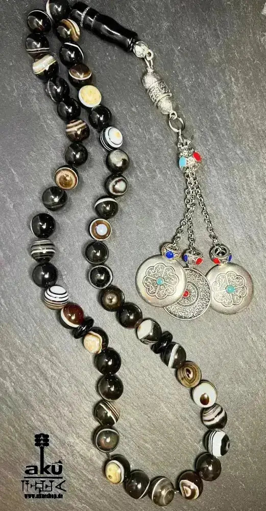 Natürlicher Sulämani Achat Tesbih, 45 Akik Edelsteinperlen, islamisches Misbaha, Wurzelchakra Heilungsenergie schöne Quaste - AkueShop