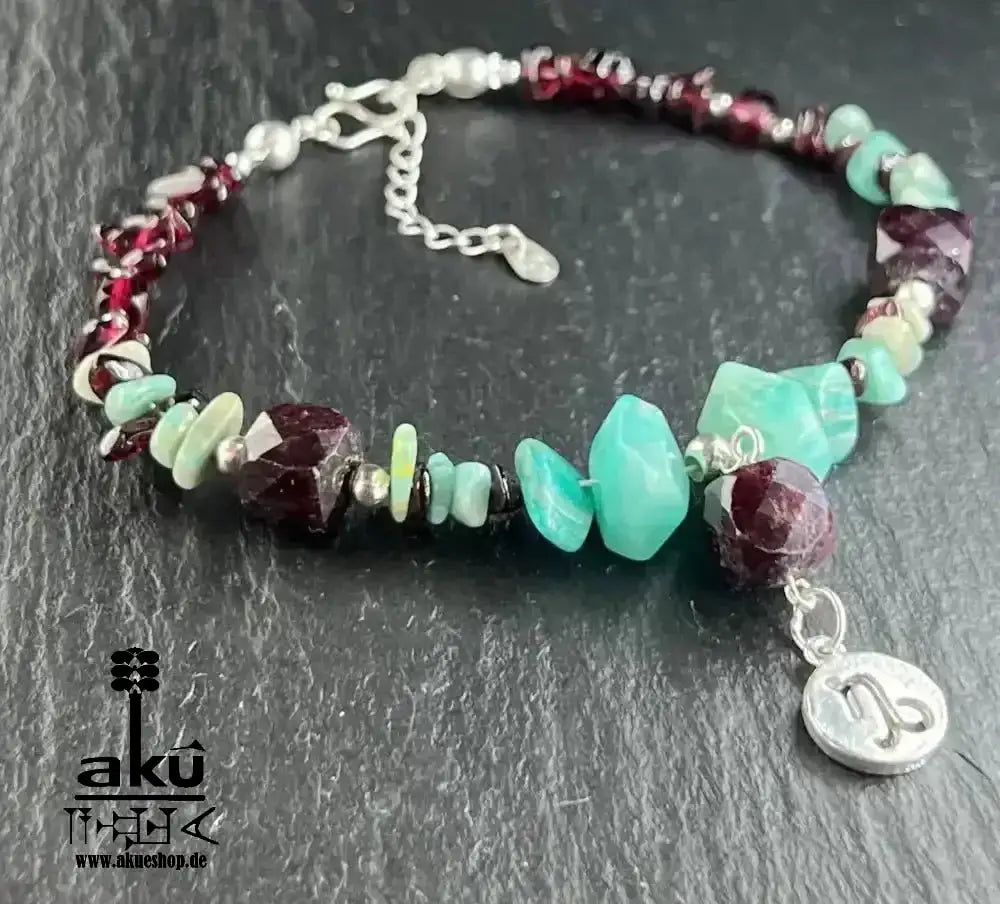 Natürliches Granat - und Amazonit - Armband, Januar - Glücksstein, Steinbock Sternzeichen 925er Silber, Herz und Halschakra - Energie - AkueShop