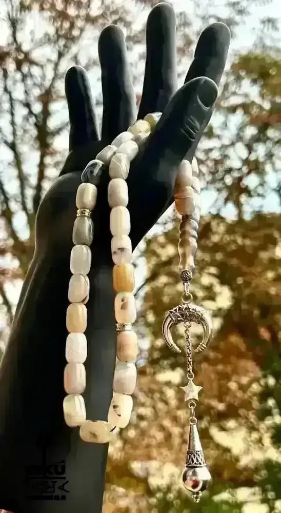 Natürliches Sakura Achat Tesbih, groß 14mm, 925er Silbere Quaste, Heilungsenergie Herz chakra - AkueShop