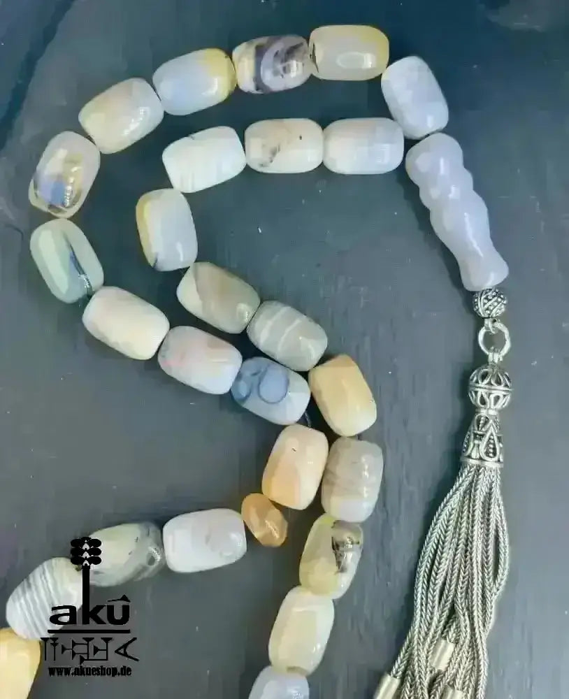 Natürliches Sakura Achat Tesbih, groß 14mm, 925er Silbere Quaste, Heilungsenergie Herz chakra - AkueShop