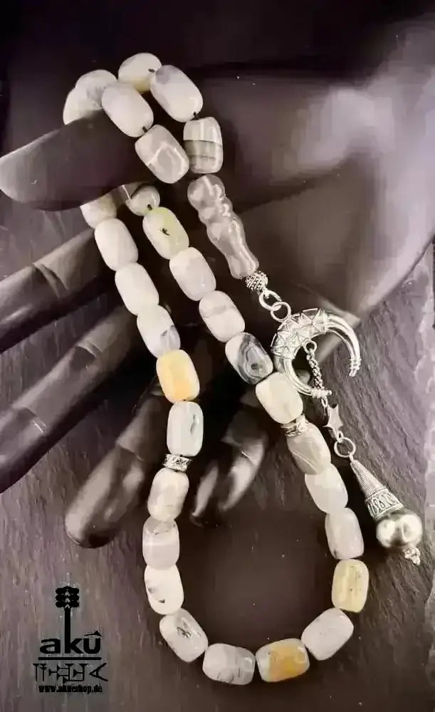 Natürliches Sakura Achat Tesbih, groß 14mm, 925er Silbere Quaste, Heilungsenergie Herz chakra - AkueShop