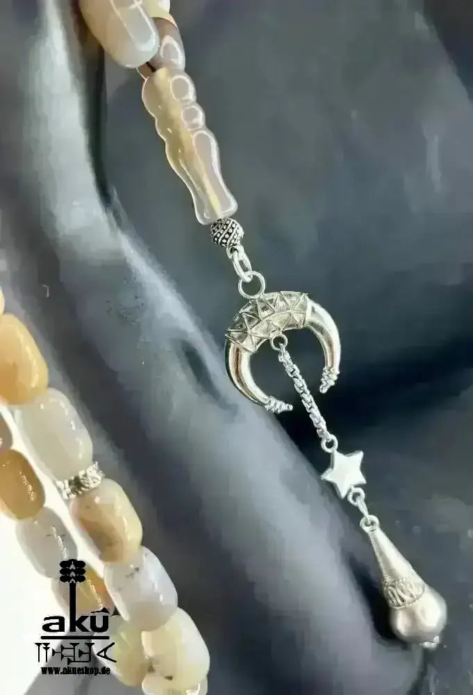 Natürliches Sakura Achat Tesbih, groß 14mm, 925er Silbere Quaste, Heilungsenergie Herz chakra - AkueShop