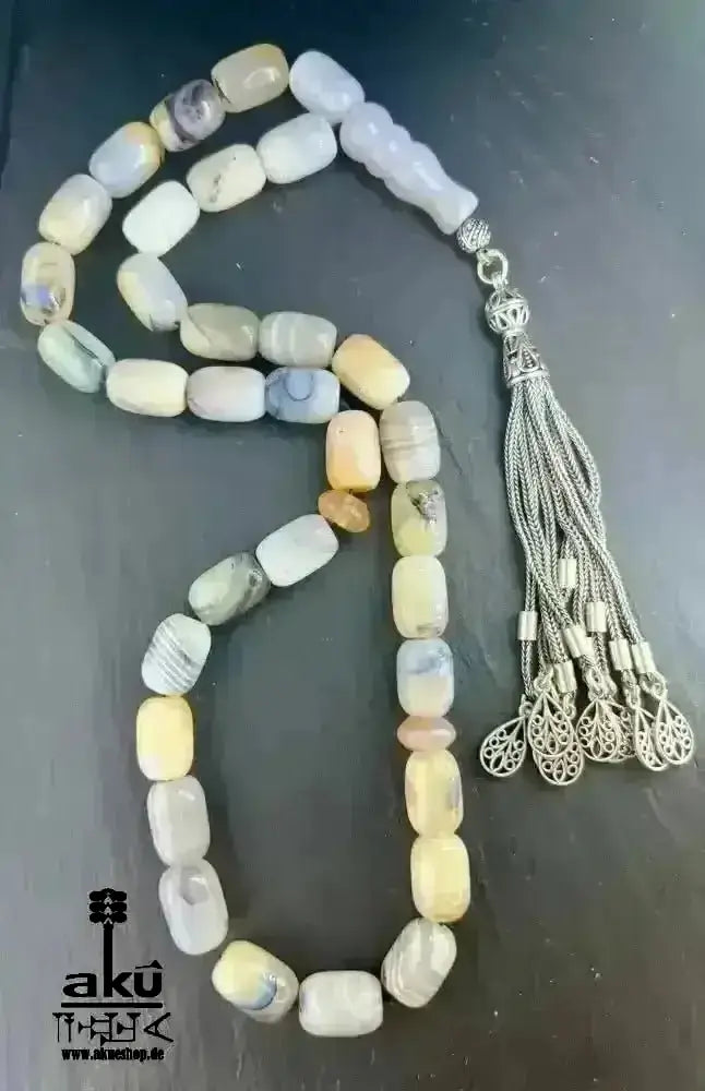 Natürliches Sakura Achat Tesbih, groß 14mm, 925er Silbere Quaste, Heilungsenergie Herz chakra - AkueShop