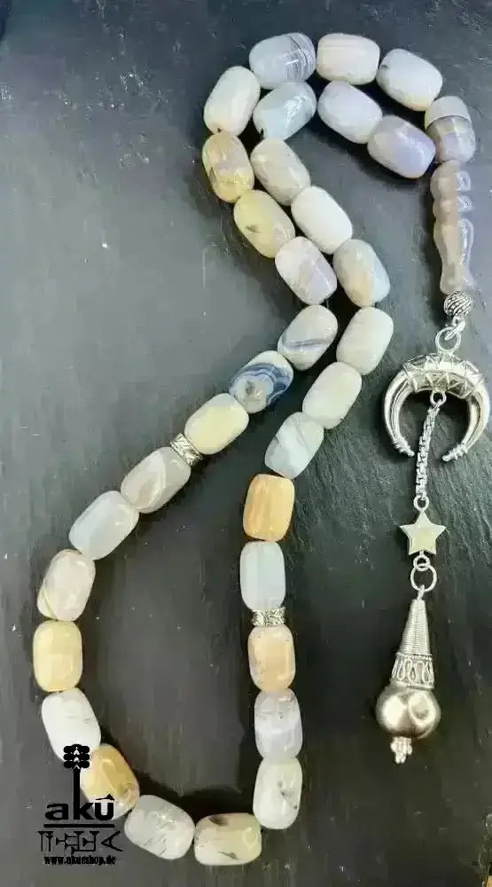 Natürliches Sakura Achat Tesbih, groß 14mm, 925er Silbere Quaste, Heilungsenergie Herz chakra - AkueShop