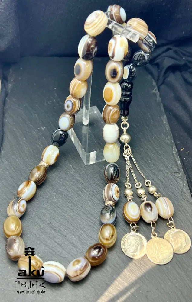 Natürliches Sulemani Akik Achat Tasbih, groß 15mm, 925er Silbere Quaste, Heilungsenergie Reiki, Wurzelchakra, AkueShop.