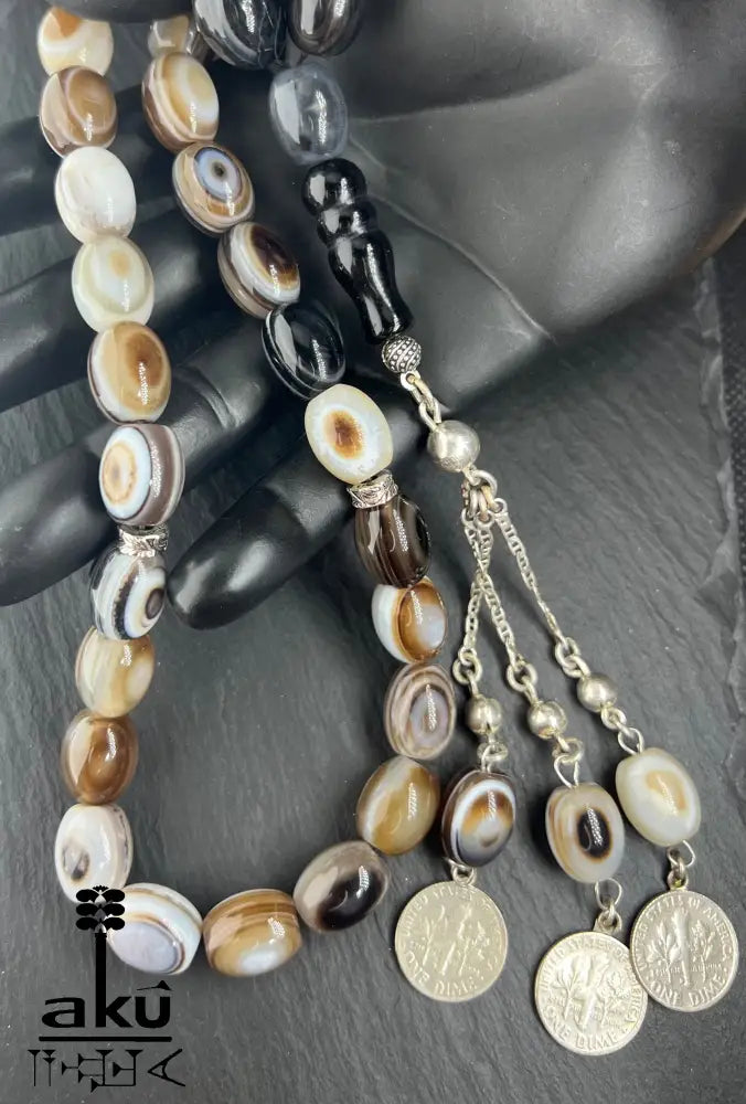 Natürliches Sulemani Akik Achat Tasbih, groß 15mm, 925er Silbere Quaste, Heilungsenergie Reiki, Wurzelchakra, AkueShop.