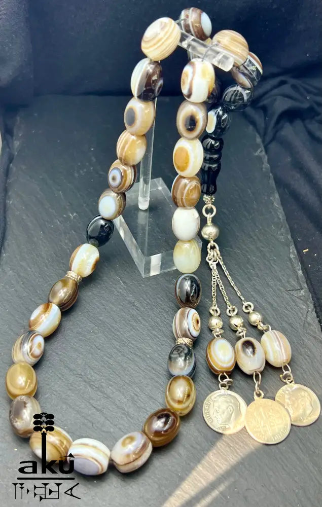 Natürliches Sulemani Akik Achat Tasbih, groß 15mm, 925er Silbere Quaste, Heilungsenergie Reiki, Wurzelchakra, AkueShop.
