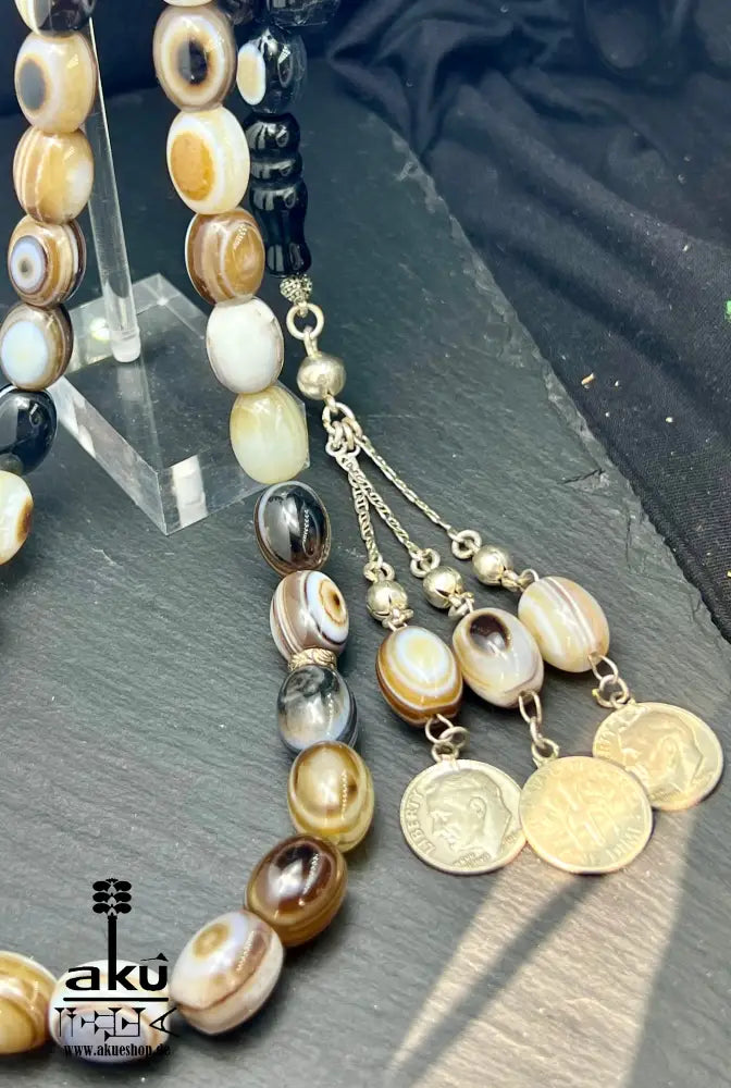 Natürliches Sulemani Akik Achat Tasbih, groß 15mm, 925er Silbere Quaste, Heilungsenergie Reiki, Wurzelchakra, AkueShop.