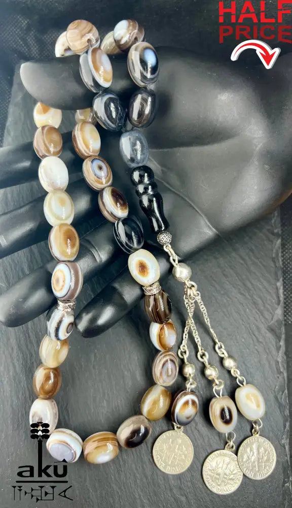 Natürliches Sulemani Akik Achat Tasbih, groß 15mm, 925er Silbere Quaste, Heilungsenergie Reiki, Wurzelchakra, AkueShop.