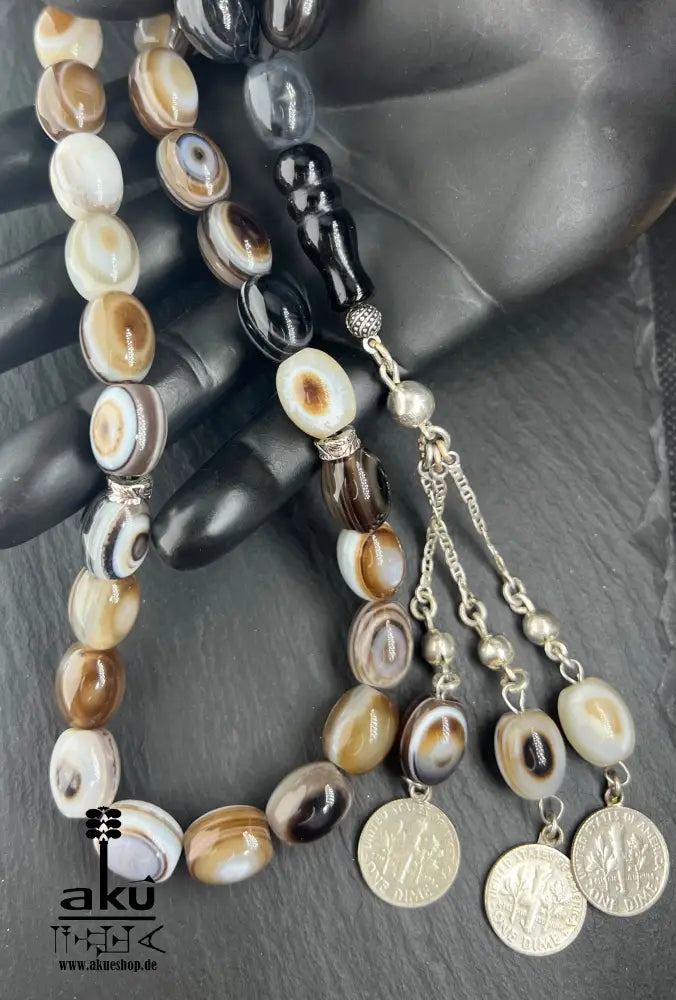 Natürliches Sulemani Akik Achat Tasbih, groß 15mm, 925er Silbere Quaste, Heilungsenergie Reiki, Wurzelchakra, AkueShop.