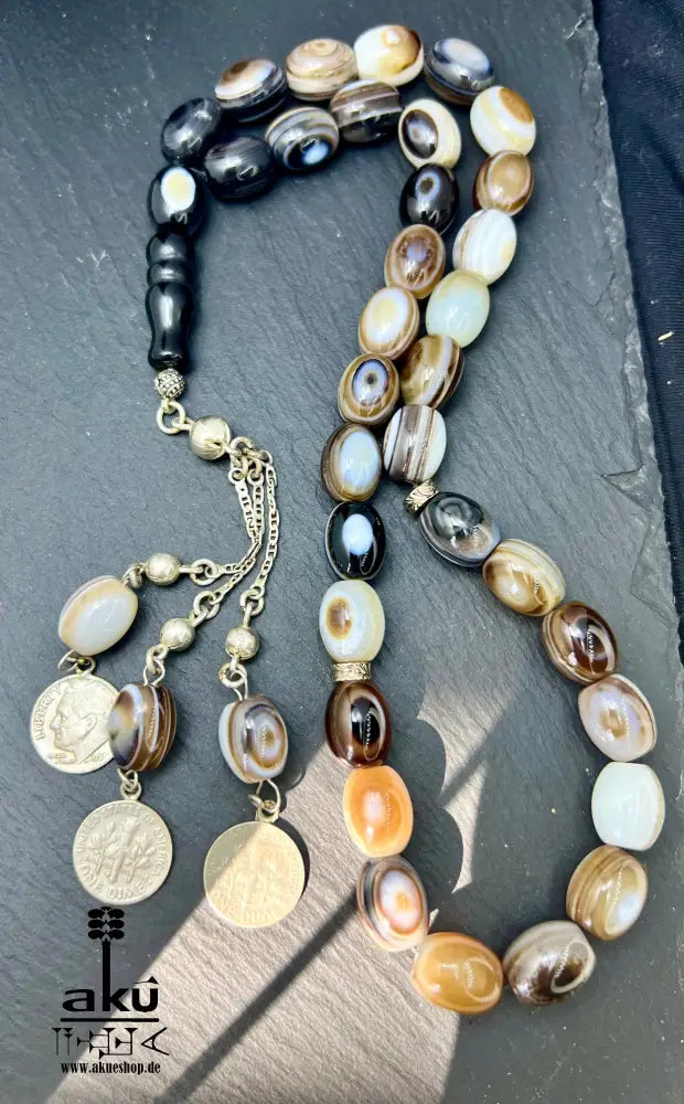 Natürliches Sulemani Akik Achat Tasbih, groß 15mm, 925er Silbere Quaste, Heilungsenergie Reiki, Wurzelchakra, AkueShop.