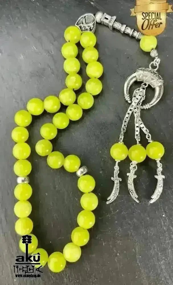 Natürlicher Peridot oder Aquamarin Tesbih, Edelstein, islamische Misbaha, Herz und Hals chakras, 925 Sterling Silbere Quaste - AkueShop