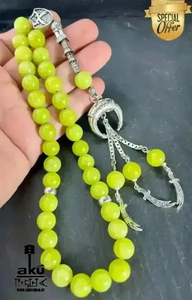 Natürlicher Peridot oder Aquamarin Tesbih, Edelstein, islamische Misbaha, Herz und Hals chakras, 925 Sterling Silbere Quaste - AkueShop