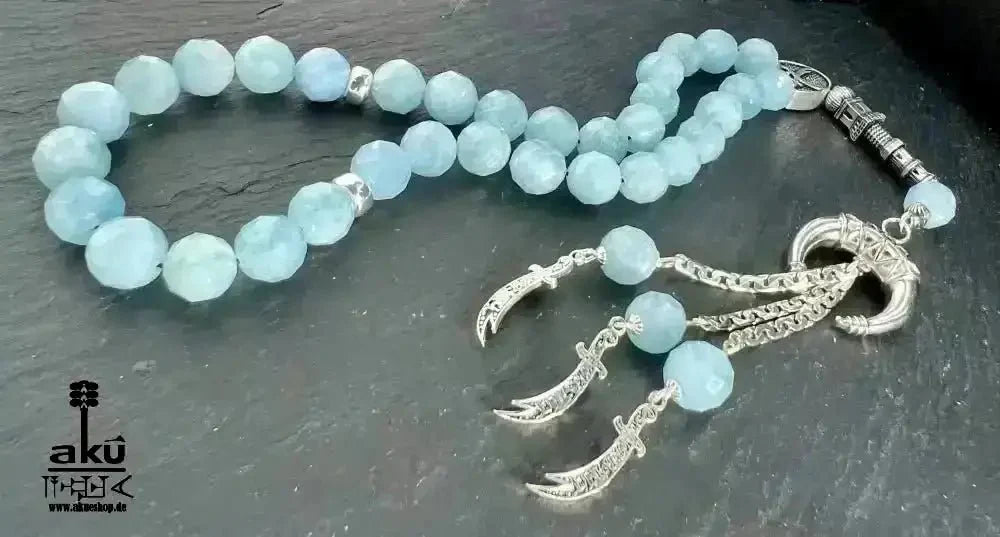 Natürlicher Peridot oder Aquamarin Tesbih, Edelstein, islamische Misbaha, Herz und Hals chakras, 925 Sterling Silbere Quaste - AkueShop