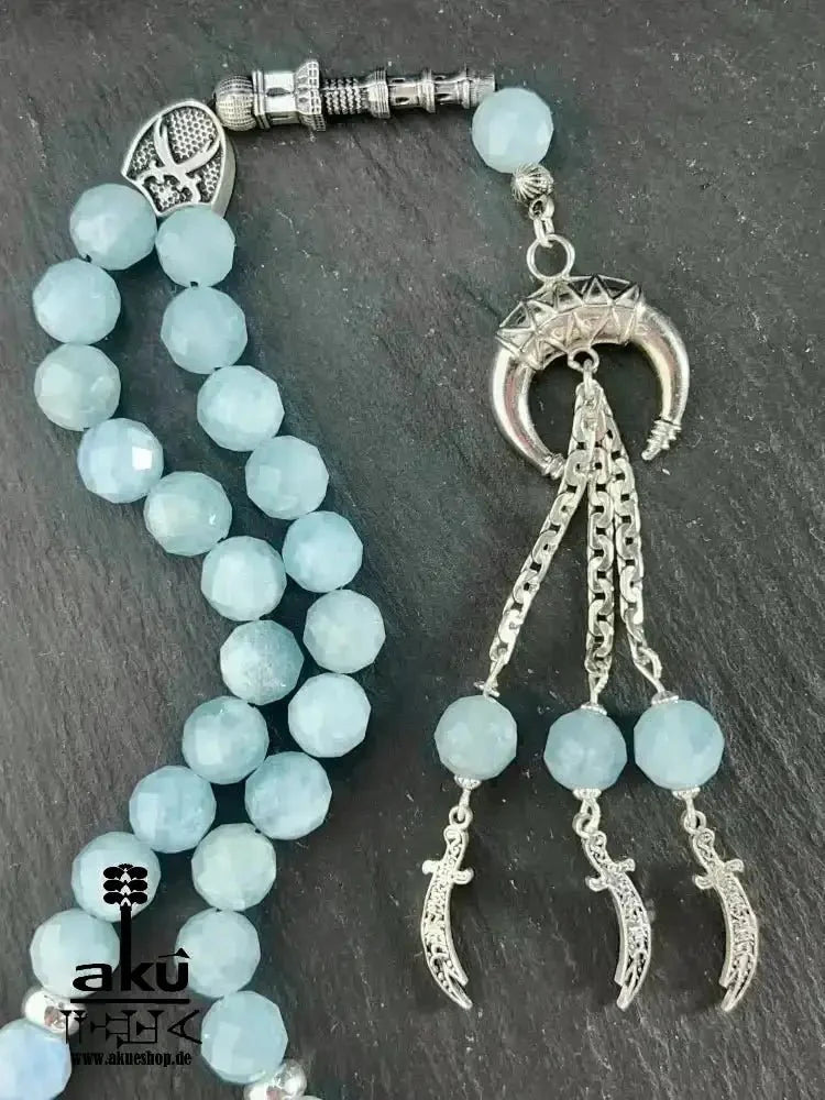 Natürlicher Peridot oder Aquamarin Tesbih, Edelstein, islamische Misbaha, Herz und Hals chakras, 925 Sterling Silbere Quaste - AkueShop