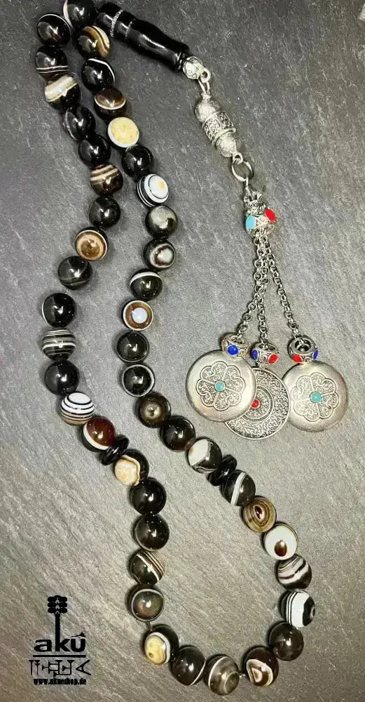 Natürlicher Sulämani Achat Tesbih, 45 Akik Edelsteinperlen, islamisches Misbaha, Wurzelchakra Heilungsenergie schöne Quaste - AkueShop