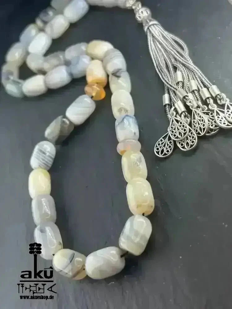 Natürliches Sakura Achat Tesbih, groß 14mm, 925er Silbere Quaste, Heilungsenergie Herz chakra - AkueShop