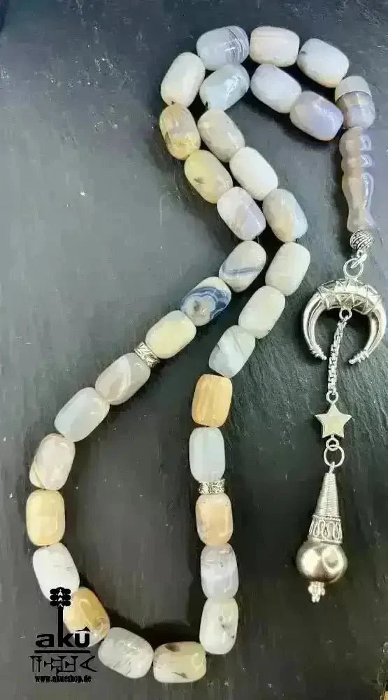 Natürliches Sakura Achat Tesbih, groß 14mm, 925er Silbere Quaste, Heilungsenergie Herz chakra - AkueShop