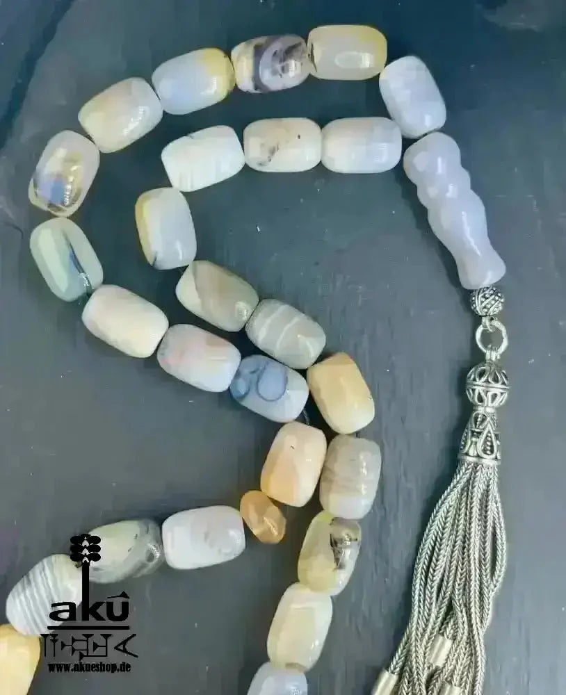 Natürliches Sakura Achat Tesbih, groß 14mm, 925er Silbere Quaste, Heilungsenergie Herz chakra - AkueShop