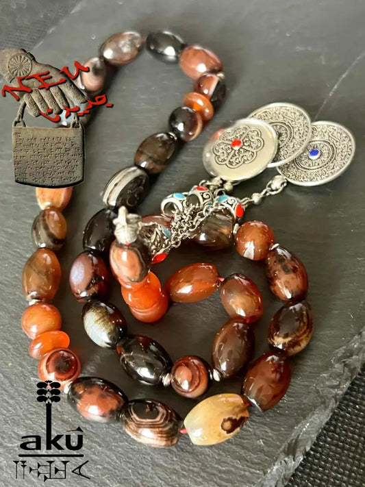 Handgefertigte Gebetskette aus rotem Jemen-Achat mit silberfarbener Quaste, 925-Silber-Zwischenteilen, spirituelle Tasbih