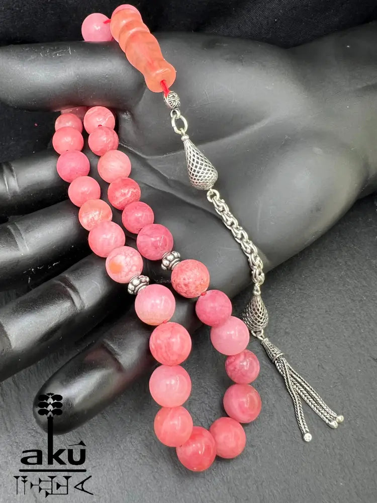 Rhodochrosit-Tasbih Gebetsperlen Rosenkranz Misbaha Ethnischer Schmuck Ramadan Eid Islamisches Geschenk, 925er silbere quaste, islamische geschenke