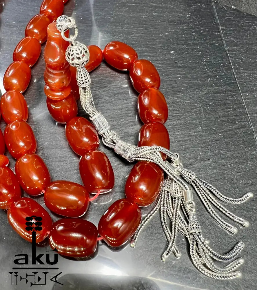 Riesige Akik Tasbih mit 33 ovalen roten Achat-Perlen (12×16mm) und 925 Sterling Silber Quaste, islamische Gebetskette für Herren und Damen