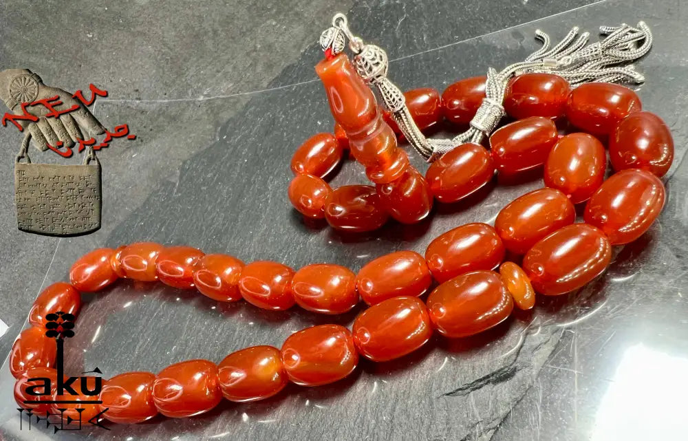 Riesige Akik Tasbih mit 33 ovalen roten Achat-Perlen (12×16mm) und 925 Sterling Silber Quaste, islamische Gebetskette für Herren und Damen