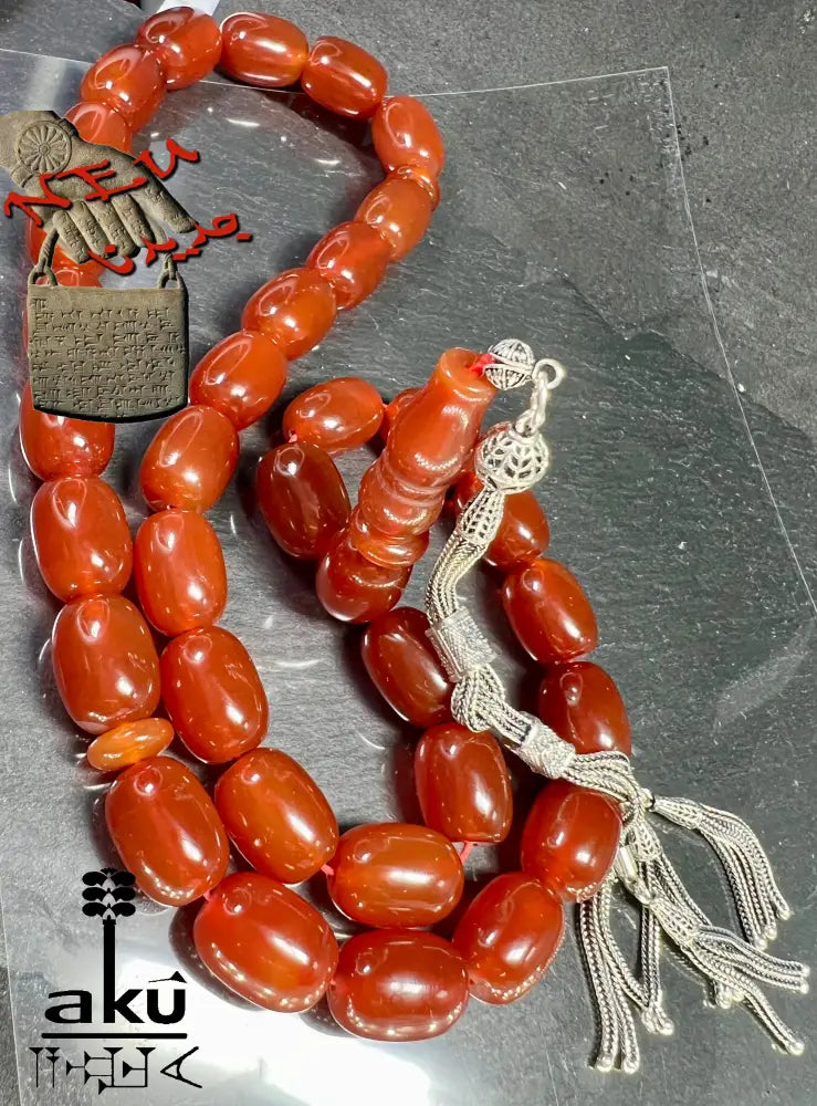 Riesige Akik Tasbih mit 33 ovalen roten Achat-Perlen ca. 150g und 925 Sterling Silber Quaste, islamische Gebetskette für Herren und Damen