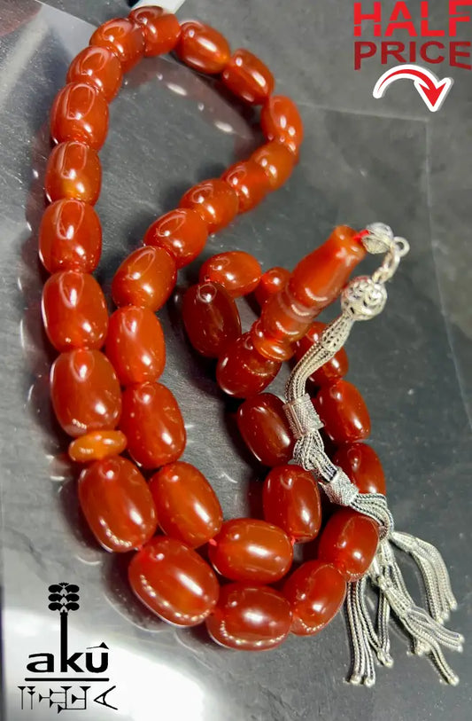 Riesige Akik Tasbih mit 33 ovalen roten Achat-Perlen (12×16mm) und 925 Sterling Silber Quaste, islamische Gebetskette für Herren und Damen