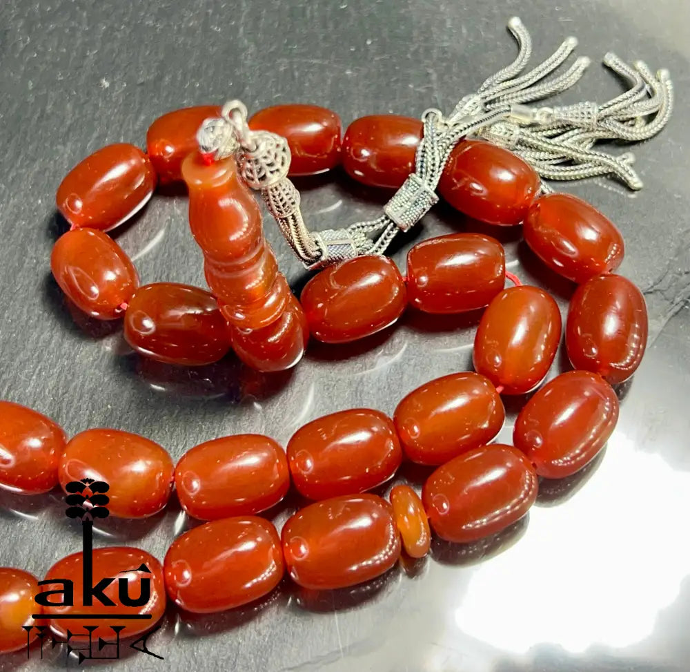 Riesige Akik Tasbih mit 33 ovalen roten Achat-Perlen (12×16mm) und 925 Sterling Silber Quaste, islamische Gebetskette für Herren und Damen