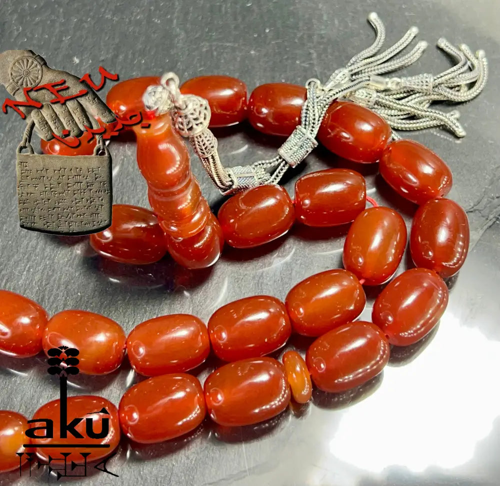 Riesige Akik Tasbih mit 33 ovalen roten Achat-Perlen (12×16mm) und 925 Sterling Silber Quaste, islamische Gebetskette für Herren und Damen
