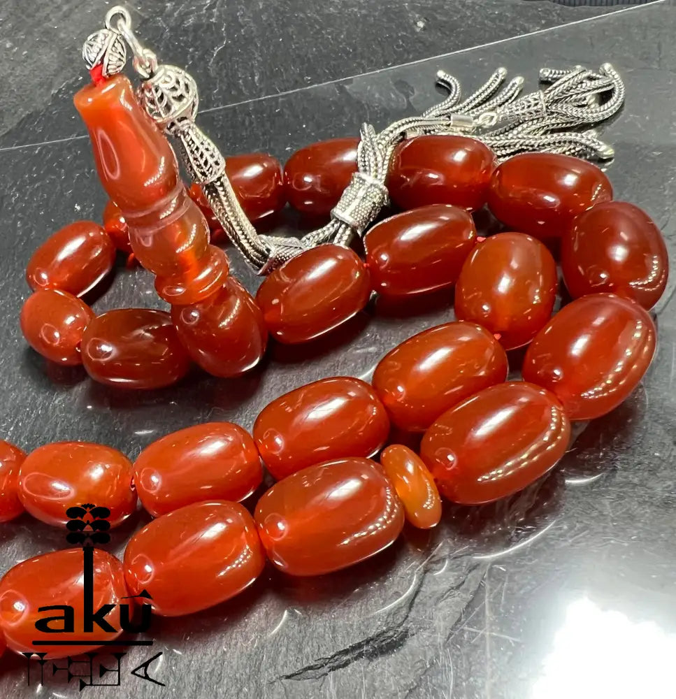 Riesige Akik Tasbih mit 33 ovalen roten Achat-Perlen (12×16mm) und 925 Sterling Silber Quaste, islamische Gebetskette für Herren und Damen