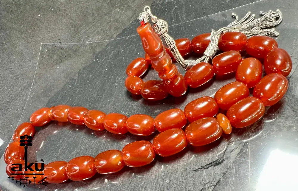 Riesige Akik Tasbih mit 33 ovalen roten Achat-Perlen (12×16mm) und 925 Sterling Silber Quaste, islamische Gebetskette für Herren und Damen