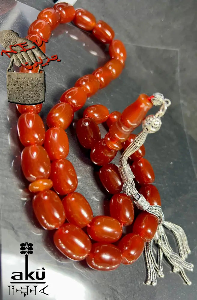 Riesige Akik Tasbih mit 33 ovalen roten Achat-Perlen (12×16mm) und 925 Sterling Silber Quaste, islamische Gebetskette für Herren und Damen