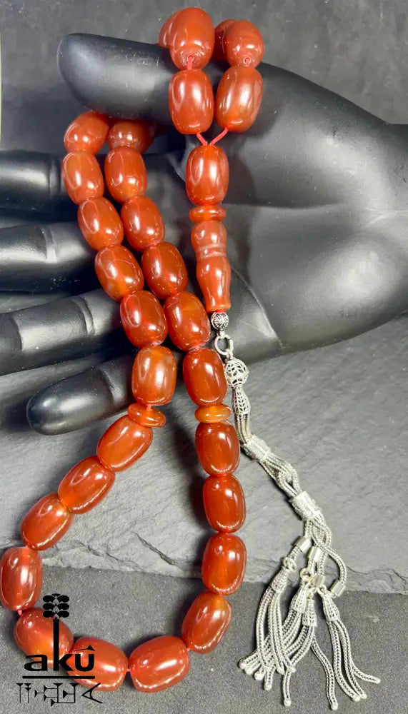 Riesige Akik Tasbih mit 33 ovalen roten Achat-Perlen (12×16mm) und 925 Sterling Silber Quaste, islamische Gebetskette für Herren und Damen