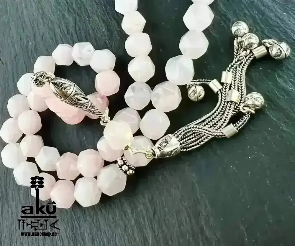 Rosé Quarz Tesbih 45, 10mm, natürlicher Edelstein, Herzchakra,islamische Misbaha, 925 Sterling Silber Quaste - AkueShop
