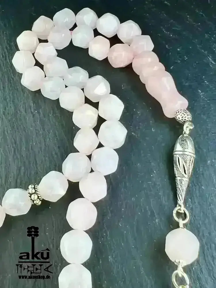 Rosé Quarz Tesbih 45, 10mm, natürlicher Edelstein, Herzchakra,islamische Misbaha, 925 Sterling Silber Quaste - AkueShop