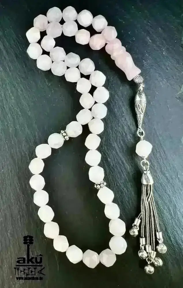 Rosé Quarz Tesbih 45, 10mm, natürlicher Edelstein, Herzchakra,islamische Misbaha, 925 Sterling Silber Quaste - AkueShop